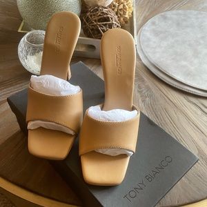 Never worn Tony Bianco Flow honey leather mules. Size 6.5. Approx 4”.